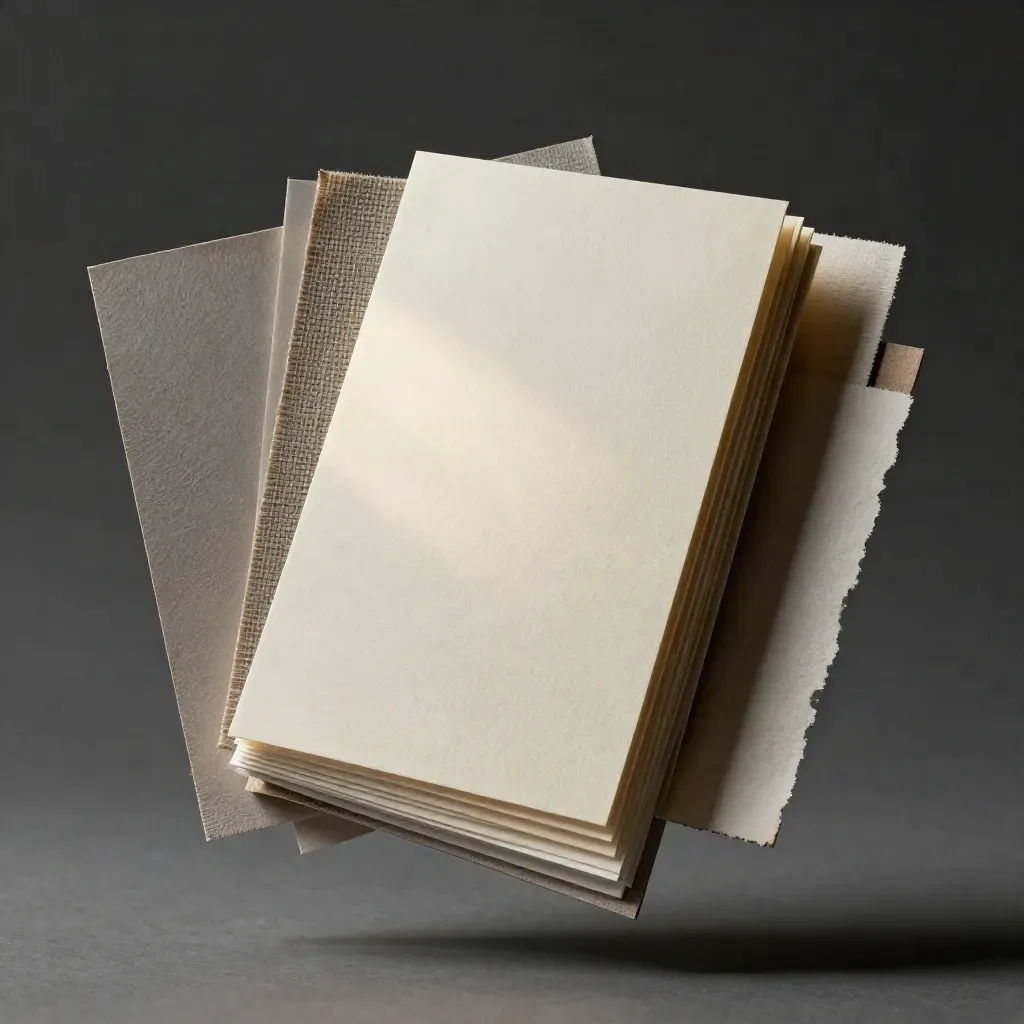 Nahaufnahme eines schwebenden Markencheck-Sets aus Karton, Papierstreifen und Materialproben vor dunklem Hintergrund.
