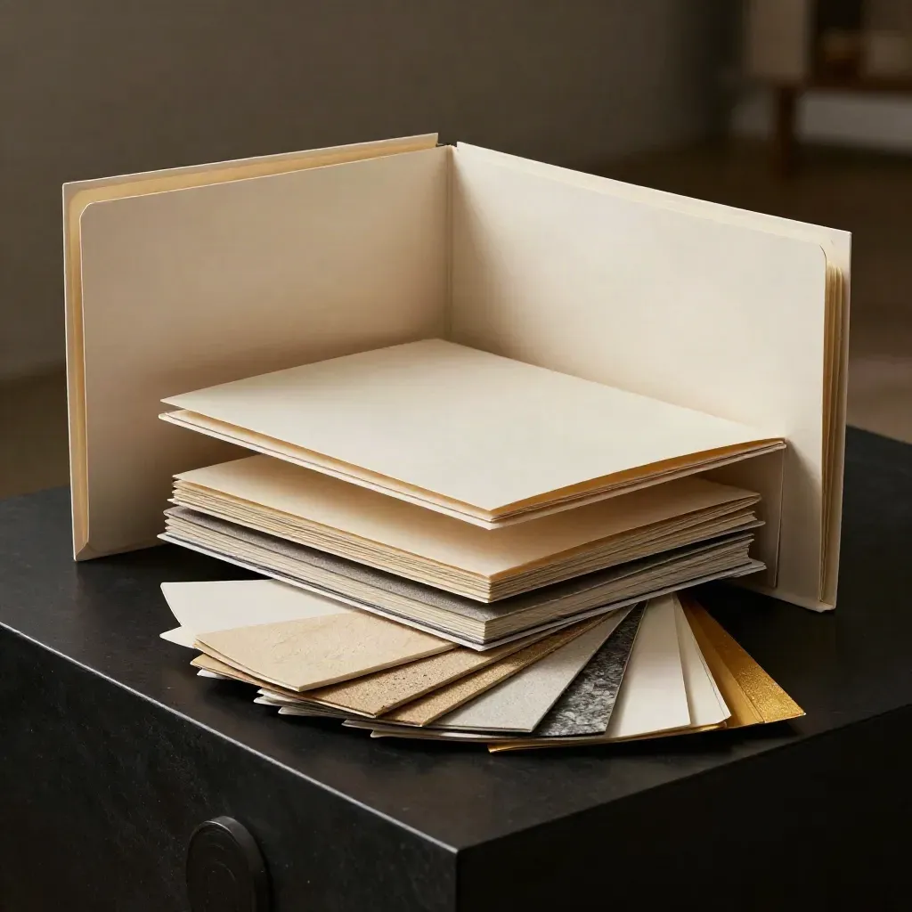 Drei Präsentationsmappen, Musterbox und Papierproben in dramatischem Licht auf dunkler Fläche.