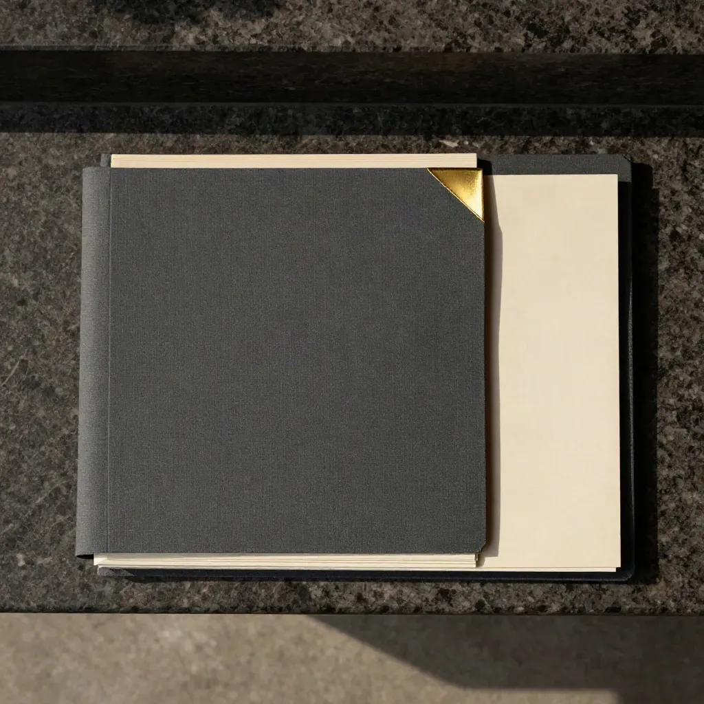 Leinenordner mit Karten und Papieren auf dunklem Stein, von oben im präzisen Flatlay.