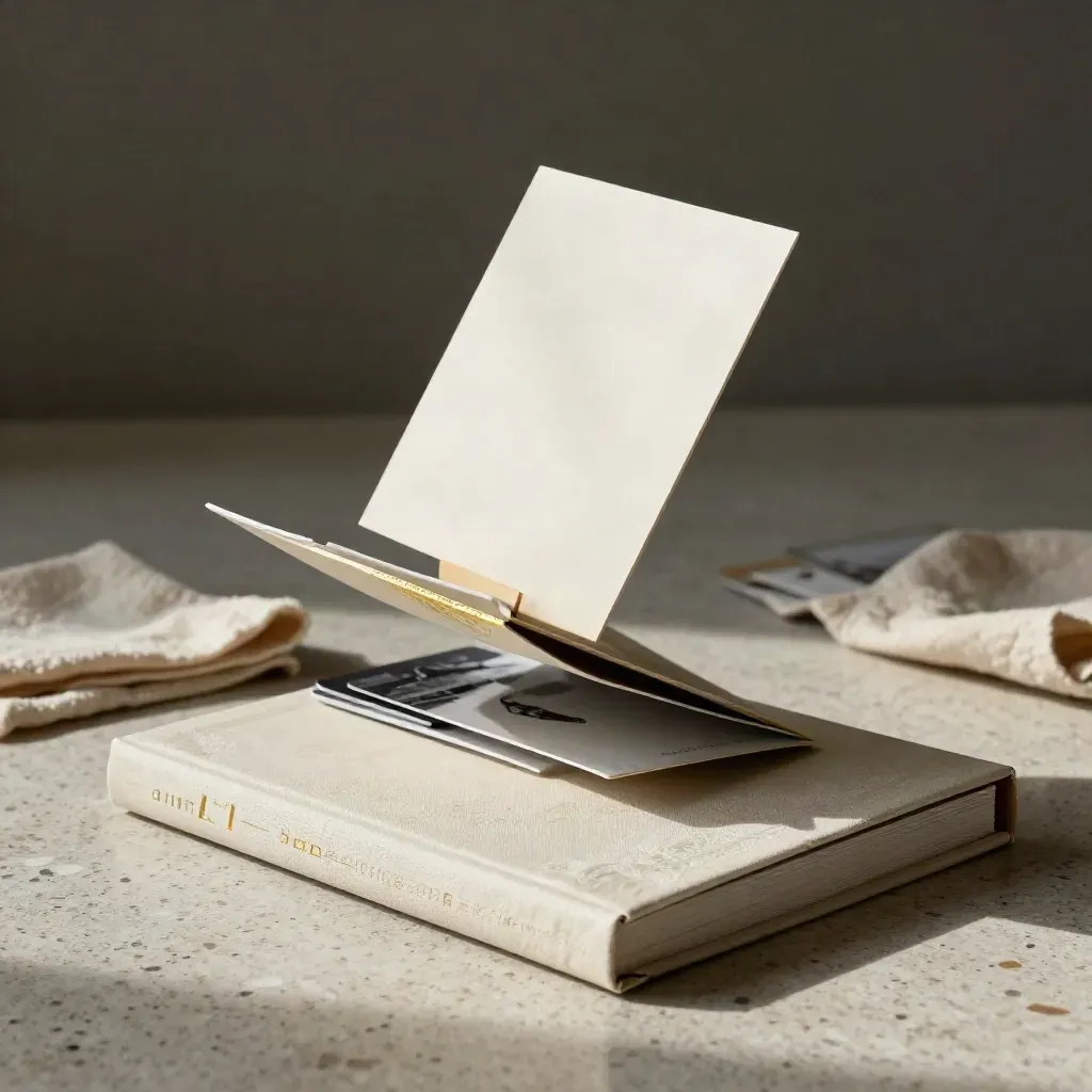 Offene Box mit Karriere-Konzeptbuch, Wertekarte, Teamkarten und Papierprobe auf Travertin.