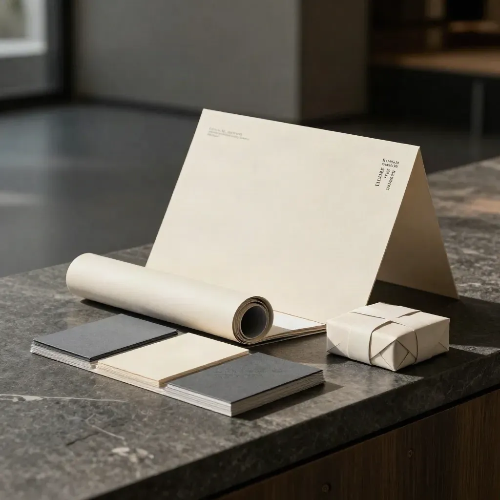 Launch-Paket Recht mit Mappe, Rollenheft und Musterkarten auf dunklem Steinsockel