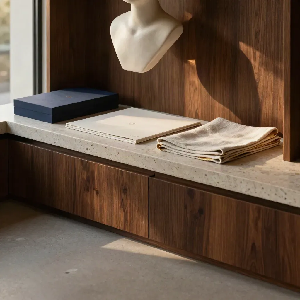 Helle Kanzlei-Lounge mit Travertin, dunklem Holz und einer hellen Skulptur im Morgenlicht